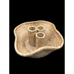 Studio Pottery Ikebana Vase Bowl With 3 Flutes Artisan Stoneware Earthtones Sign